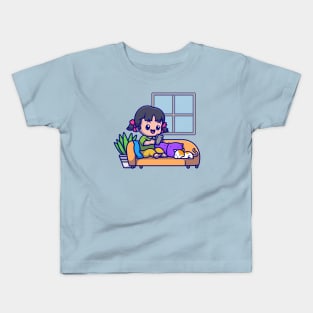 Cute Girl Operating Phone With Cat Cartoon Kids T-Shirt